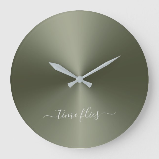 Time Flies Army Green Metallic Style Acrylic Large Clock (Front)
