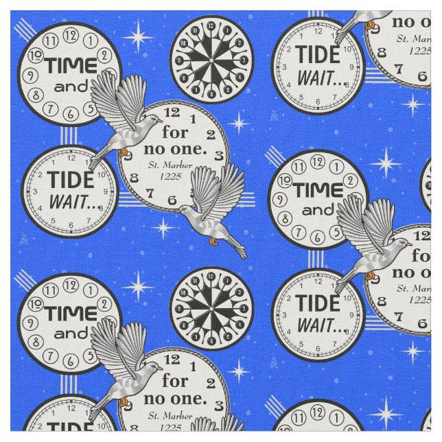 Time Flies - Birds and Clocks - Bright Blue Fabric (Close Up)