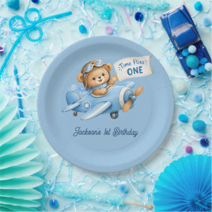 Time Flies BLUE Aeroplane Teddy Bear 1st Birthday Paper Plate