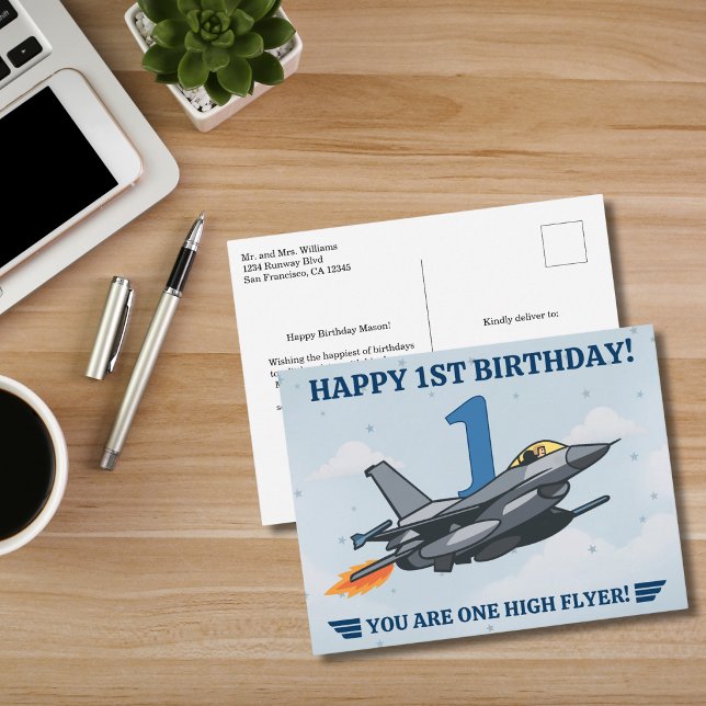 Time Flies fighter jet Aeroplane Boy First Birthda Postcard (Creator Uploaded)