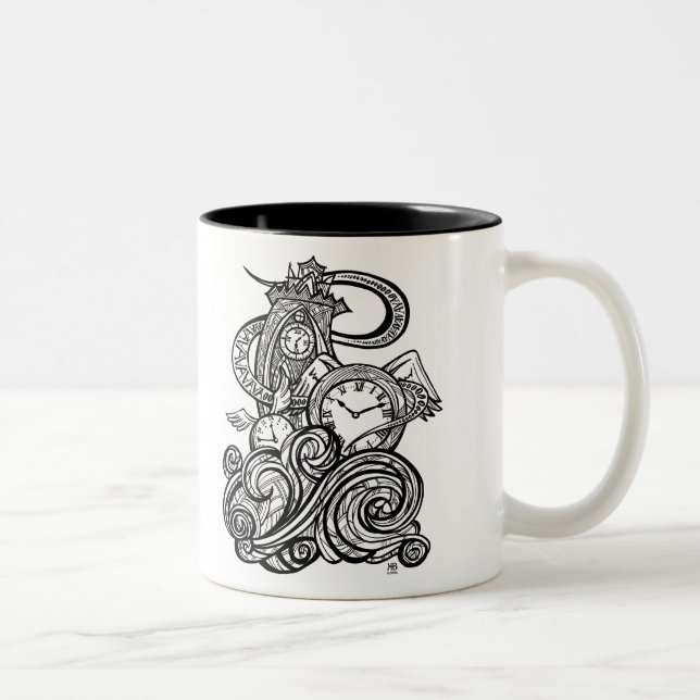 Time Flies Intricate Clock Tower illustration Two-Tone Coffee Mug (Right)