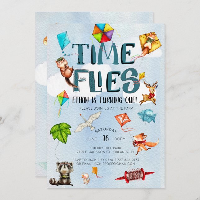 Time Flies | Kite Themed 1st Birthday Party Invitation (Front/Back)