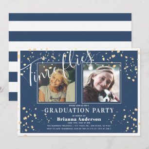Time Flies Navy Blue Stripe Gold Photo Graduation Invitation