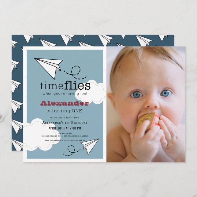 Time Flies Paper Plane Blue Boy Photo1st Birthday Invitation (Front/Back)