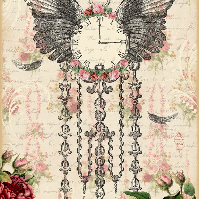 Time Flies Pink & Red Rose Antique Clock Decoupage Tissue Paper (Creator Uploaded)