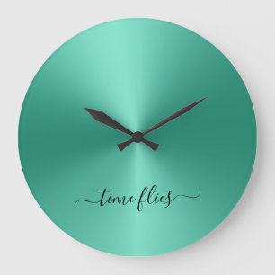 Time Flies Soft Green Metallic Style Acrylic Large Clock