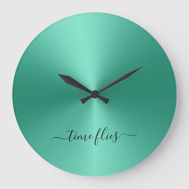 Time Flies Soft Green Metallic Style Acrylic Large Clock (Front)