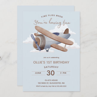 Time Flies Vintage Travel First Birthday Invitation