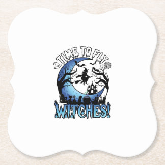 Time Fly Witches Halloween Flying Witch Crescent M Paper Coaster