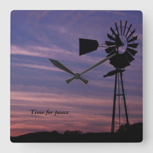 Time For Peace Wall Clock with Windmill in Sunset