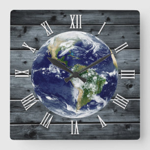 Time for Planet Earth, trendy Rustic Wood  Square Wall Clock