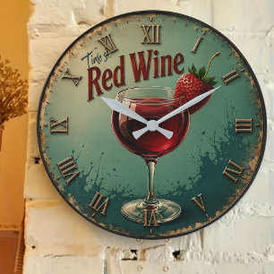 Time for Red Wine Rustic Vineyard Large Clock