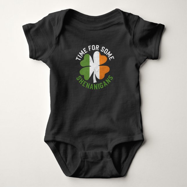 Time For Some Shenanigans Clover St Patrick's Day Baby Bodysuit (Front)