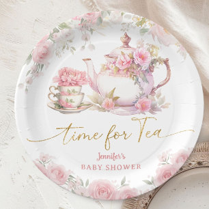 Time For Tea Baby Shower Pink Floral Paper Plate