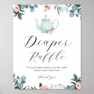 Time for Tea Blue Floral Diaper Raffle Sign