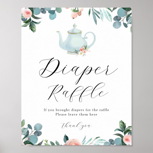 Time for Tea Blue Floral Diaper Raffle Sign (Front)
