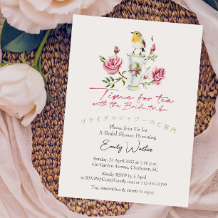 Time for Tea Bridal Shower Teacup Bird Rose Floral Invitation