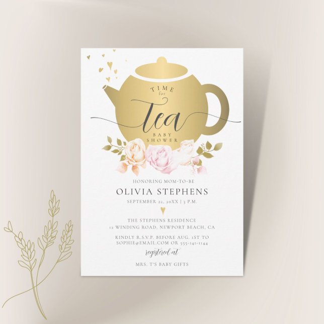 Time for Tea Elegant Modern Gold Roses Baby Shower Invitation (Creator Uploaded)