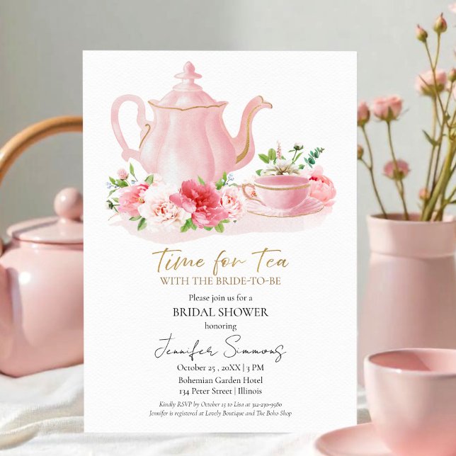 Time for Tea | Gilded Floral Bridal Shower  Invitation (Creator Uploaded)