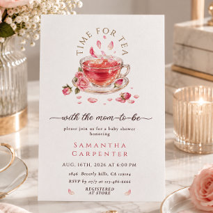 Time for tea glass teacup pink roses baby shower invitation