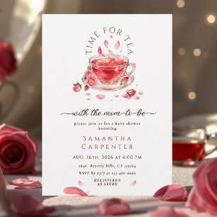 Time for tea glass teacup pink roses baby shower invitation