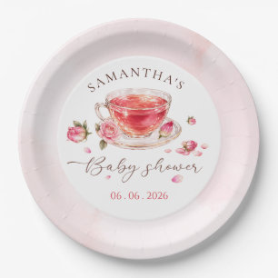 Time for tea glass teacup roses baby shower paper plate