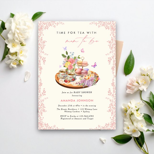 Time for tea macrons cups butterfly baby shower  invitation (Creator Uploaded)