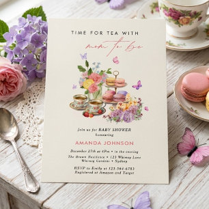 Time for tea macrons cups butterfly baby shower  invitation