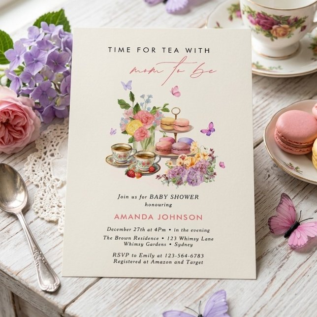 Time for tea macrons cups butterfly baby shower  invitation (Creator Uploaded)