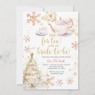 Time For Tea Pink Christmas Gold Bridal Shower Invitation