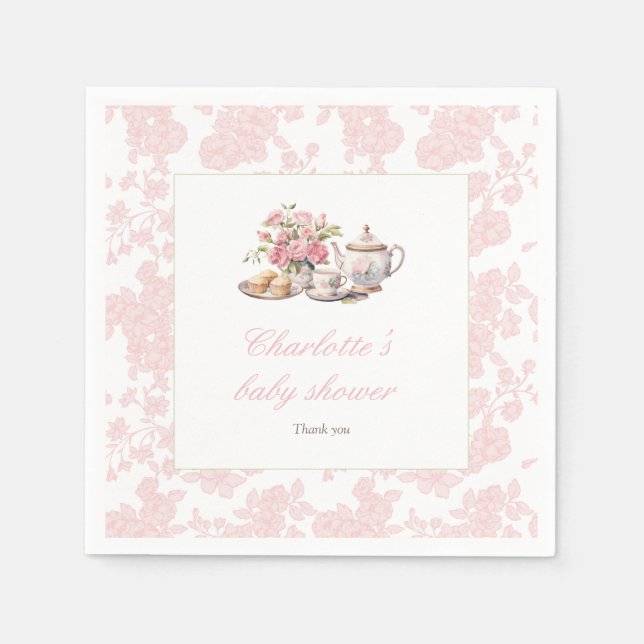 Time for Tea Pink floral Toile Baby Shower  Napkin (Front)