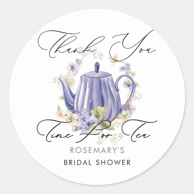 Time For Tea Purple Teapot Bridal Shower  Classic Round Sticker (Front)