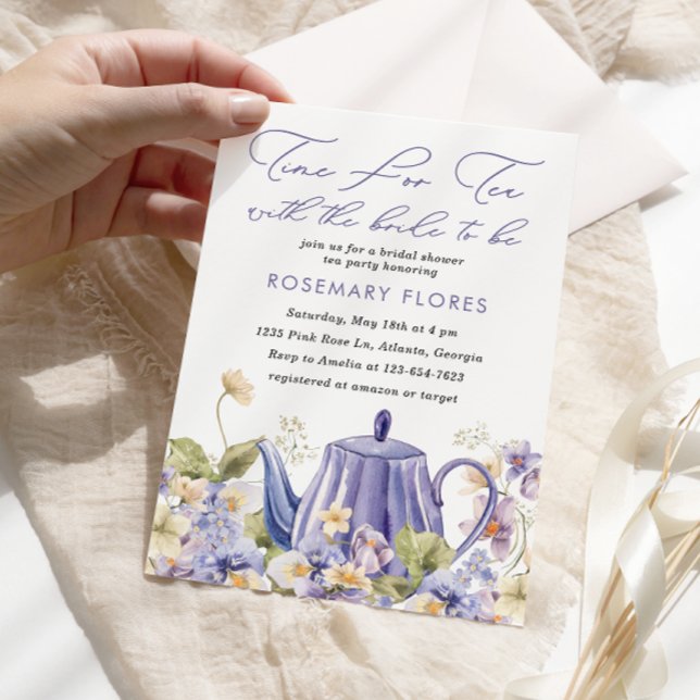 Time For Tea Teapot Purple Floral Bridal Shower Invitation (Creator Uploaded)