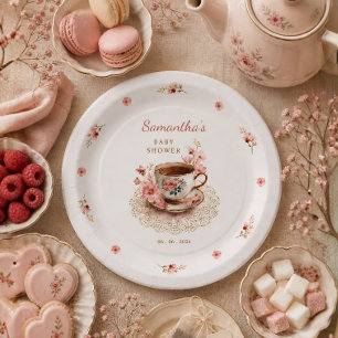 Time for tea vintage floral teacup baby shower paper plate