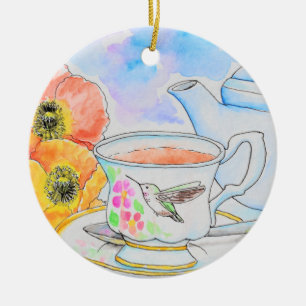 Time for Tea Watercolor Painting Ceramic Tree Decoration