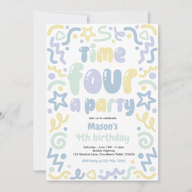 Time Four A Party Confetti Balloon 4th Birthday  Invitation (Front)