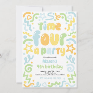 Time Four A Party Confetti Balloon 4th Birthday  Invitation