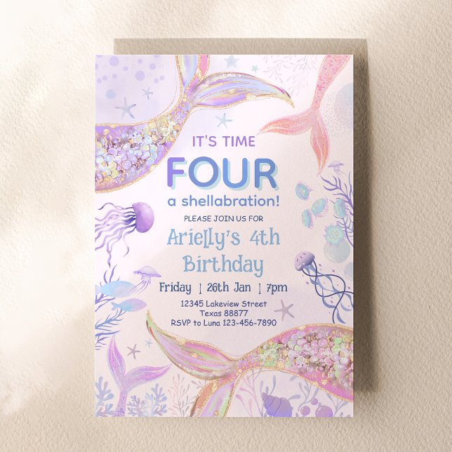 Time FOUR A Shellabration Mermaid 4th Birthday Invitation (Time FOUR A Shellabration Mermaid 4th Birthday Invitation)