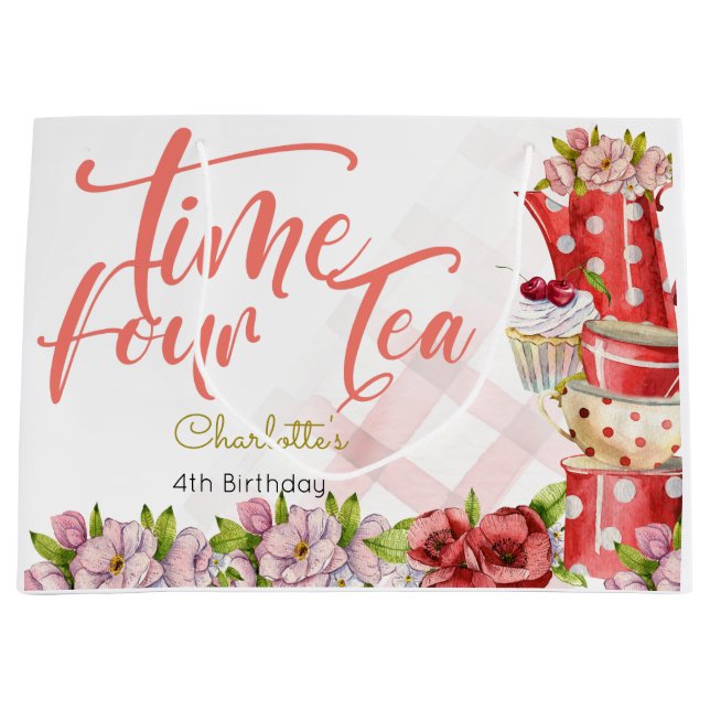 Time four tea, tea flowery birthday large gift bag (Front)