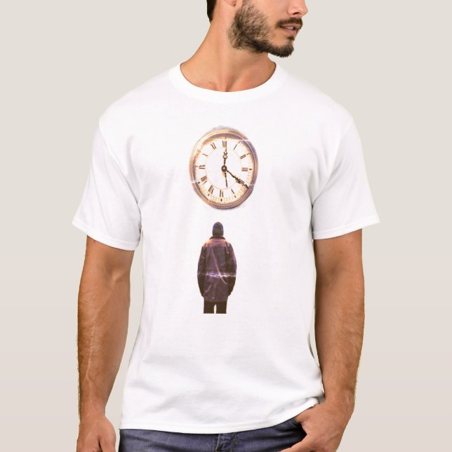 Time Is Quickly Running Out Man + Clock on White T-Shirt (Front)