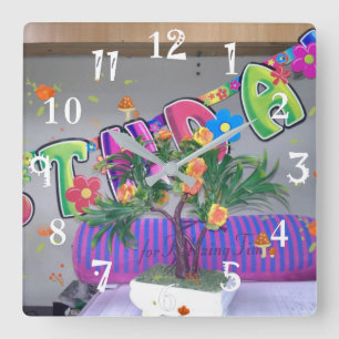 Time Lovely colourful Happy Birthday Square Wall Clock
