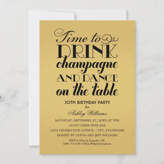 Time to Drink Champagne Black Gold Birthday Party Invitation (Front)