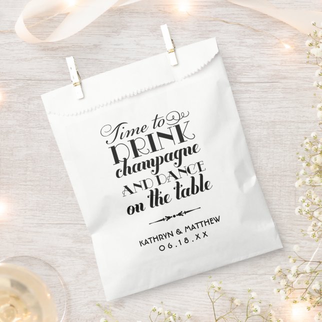 Time to Drink Champagne Black Script Wedding Favour Bags (Clipped)
