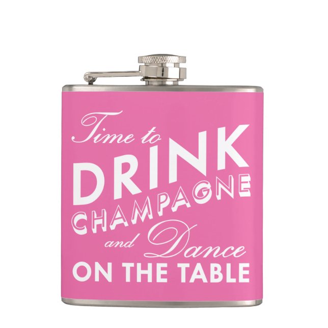 Time to Drink Champagne Pink & White Flask (Front)