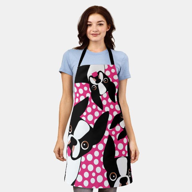 Time to Feed the Boston Terriers Pink Polka Dot Apron (Worn)