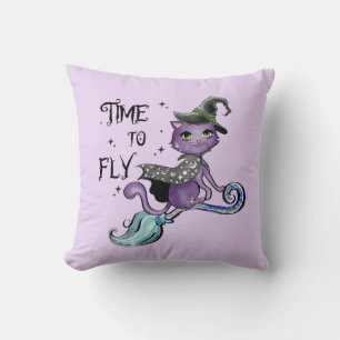 Time To Fly – Cute Purple Witch Cat Halloween Cushion