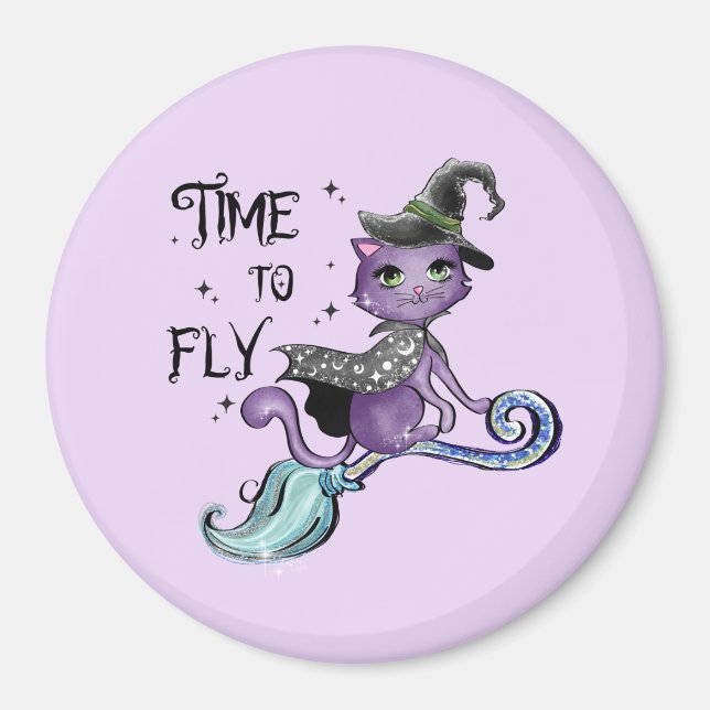 Time To Fly – Cute Purple Witch Cat Halloween Magnet (Front)