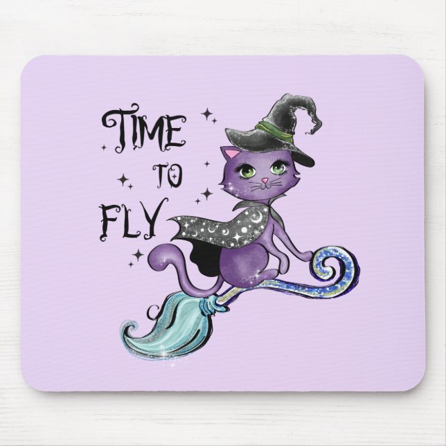 Time To Fly – Cute Purple Witch Cat Halloween Mouse Pad (Front)