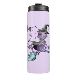 Time To Fly – Cute Purple Witch Cat Halloween Thermal Tumbler