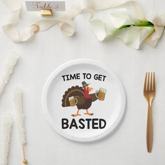 Time To Get Basted Funny Beer Turkey Thanksgiving  Paper Plate (Wedding)